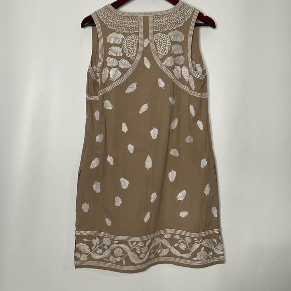 Gretchen Scott Designs Sleeveless Halter Neckline Tan White Leaf Pattern Dress M - Picture 10 of 16